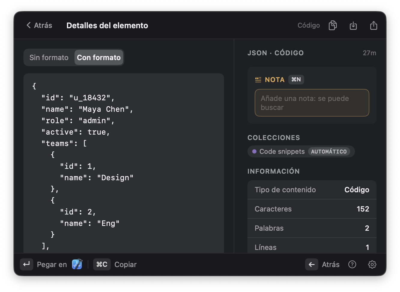 Un visor de JSON integrado