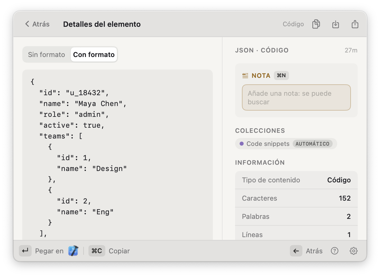 Un visor de JSON integrado