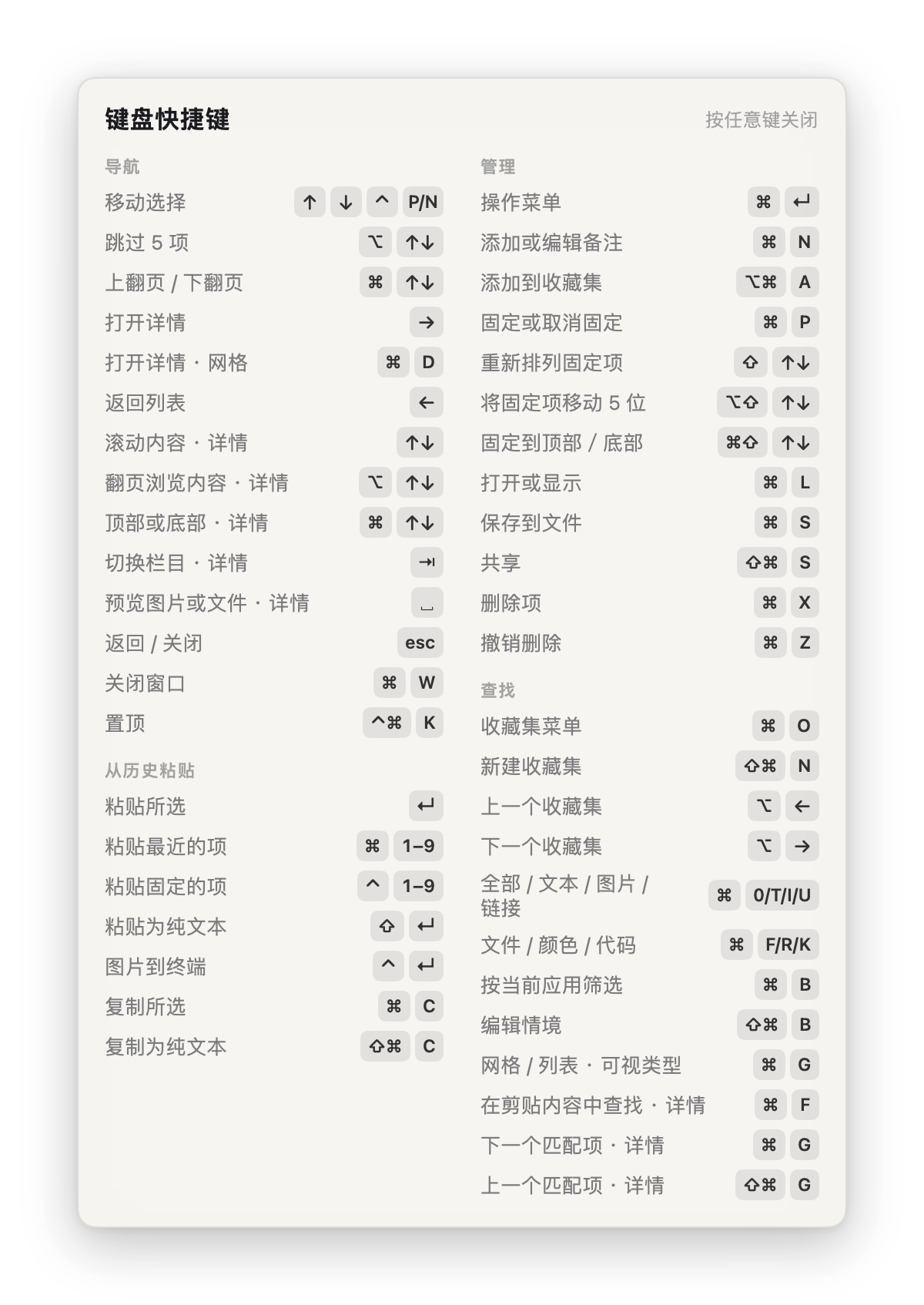 每个操作都有快捷键