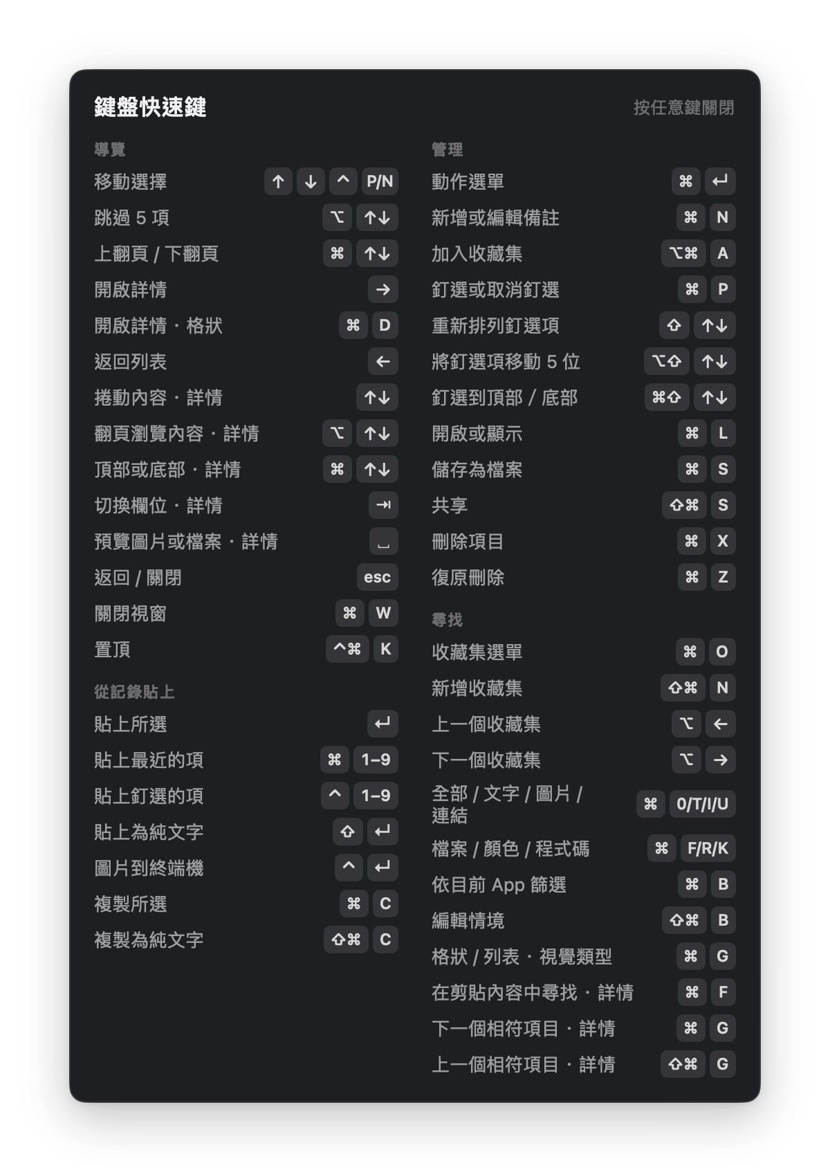 每個操作都有快速鍵