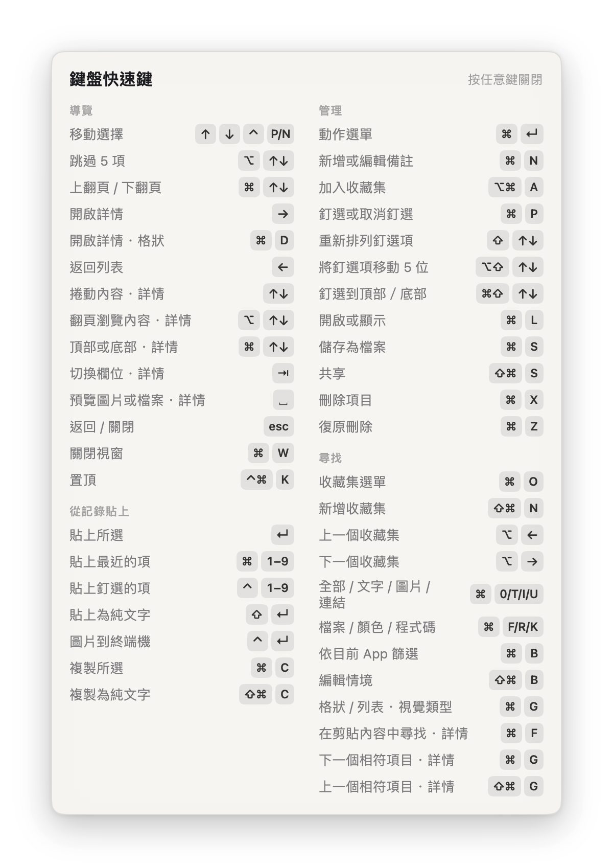 每個操作都有快速鍵